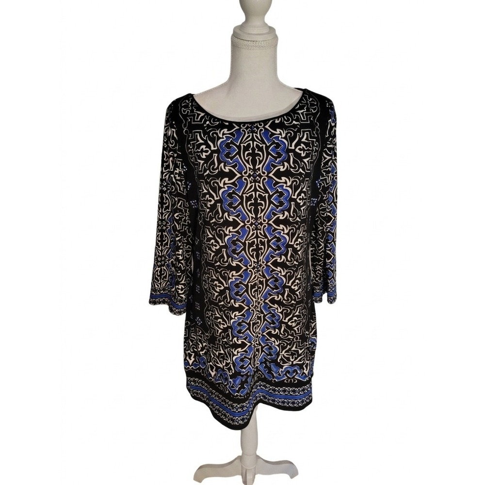 White House Black‎ Market Blue Black Scroll Print 3/4 Sleeve Shift Dress Large